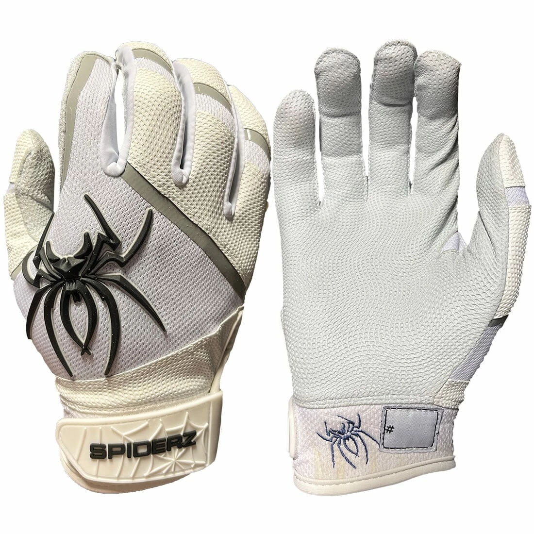 2023 Spiderz Pro Model Batting Gloves: White/Black/Silver